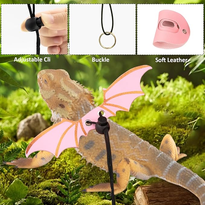 Bearded Dragon Carriers and Leather Leash with Wings,Bearded Dragon Leash Lizard Adjustable Harness,Small Pet Backpack Batwing Accessories for Outdoor Travel Walking Rest