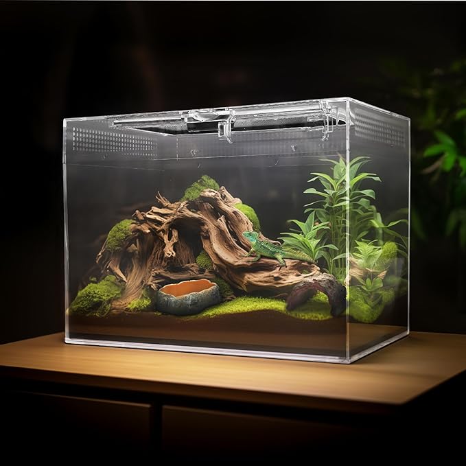 Reptile Terrarium, Reptile Tank 15.6" x 8"x 10" Amphibian Tank Starter Kit with Bearded Dragon Hammock, Heat Lamp, Hide Cave for Geckos Lizard Mantis Spider Cricket Chameleons Snake Turtle Frog