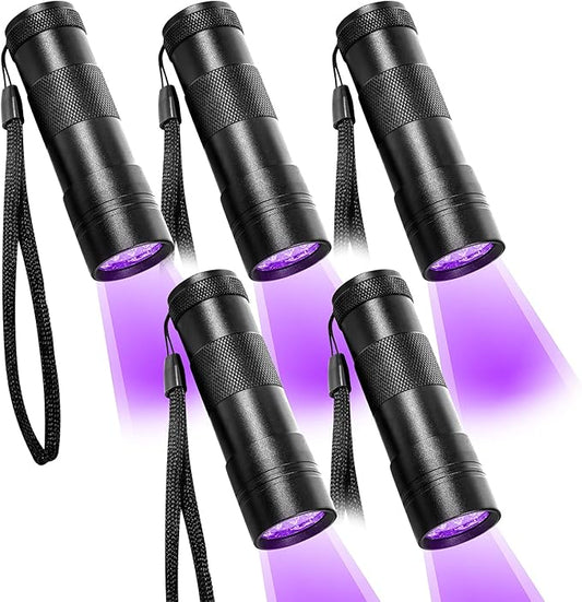 Beinhome 5 Pack UV Flashlight Black Light 12 LED Ultra Violet Blacklight Detector for Dog Cat Urine, Pet Stains, Bed Bug, Scorpion with 5 AAA Free Batteries