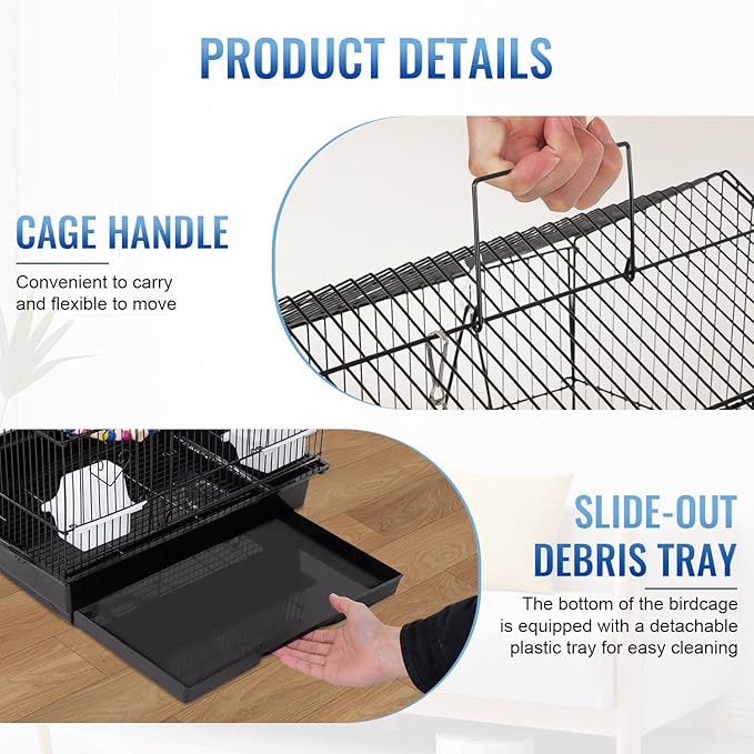FDW 39 Inch Bird Cage Parakeet Cage with Play Top Rolling Stand & Easy Clean Pull-Out Tray Roof Top Parrot Cage for for Finches Canaries Parakeets Cockatiels & Other Small Birds, Black