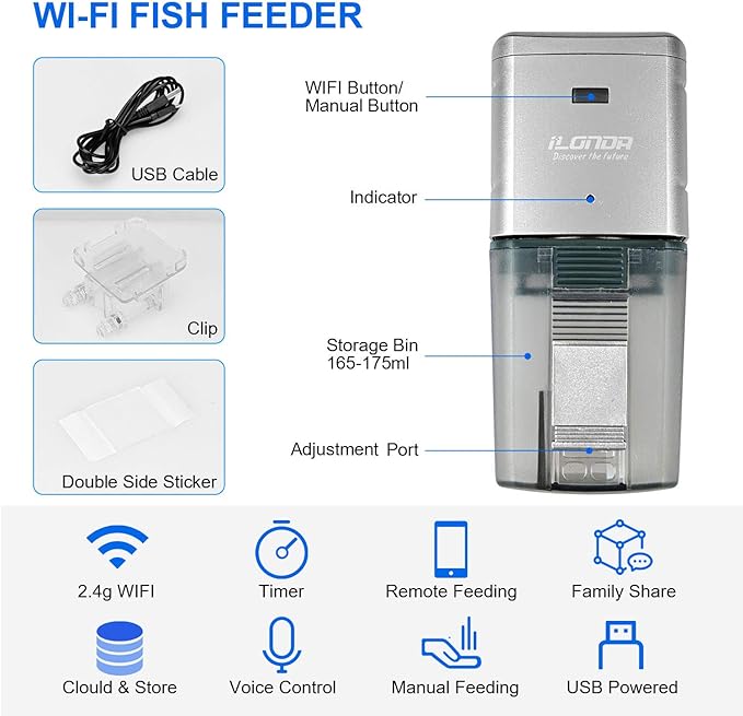 [Upgrade] WiFi Control Automatic Fish Feeder with APP Lychee Aquarium Automatic Fish Feeder, WiFi Control Auto Fish Food Dispenser for Home Office (Silver)