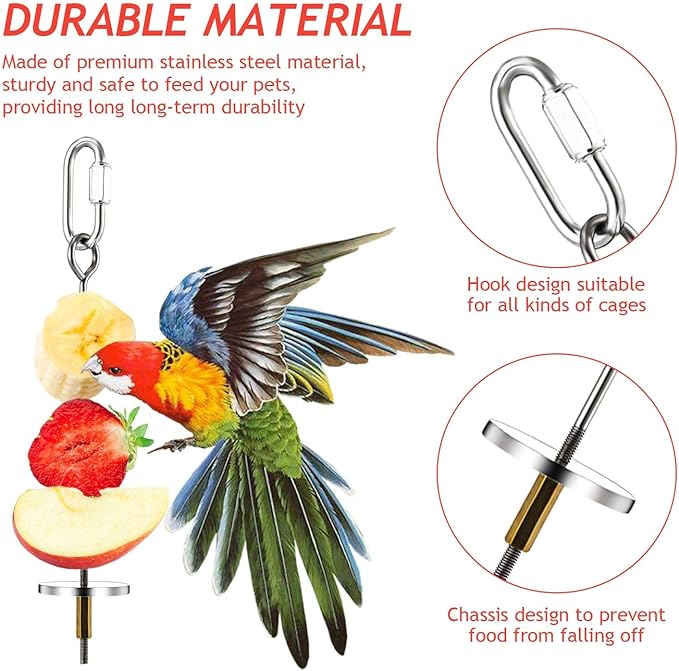 3PCS Bird Skewer Bird Food Holder Bird Feeders Stainless Steel Bird Parrot Skewer Small Animal Fruit Vegetable Holder Foraging Hanging Food Feeder for Parrots Cockatoo Cockatiel Cage (20, 16, 12 cm)