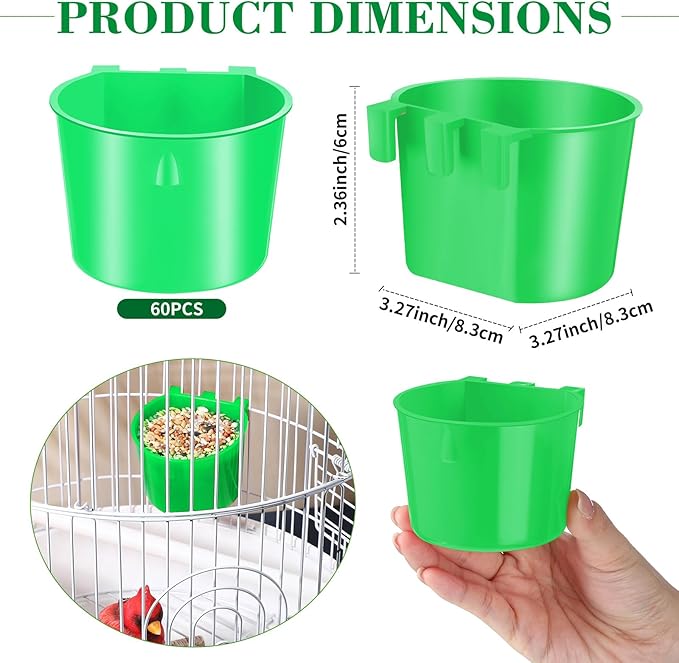 60 Pieces Cage Cups Birds Hanging Feeders Seed Bowl 8 oz Plastic Chicken Feeder Water Bowl Hanging Chicken Waterer Chicken Feeding Watering Dish Coop Cups for Gamefowl Parrot Parakeet Poultry (Green)