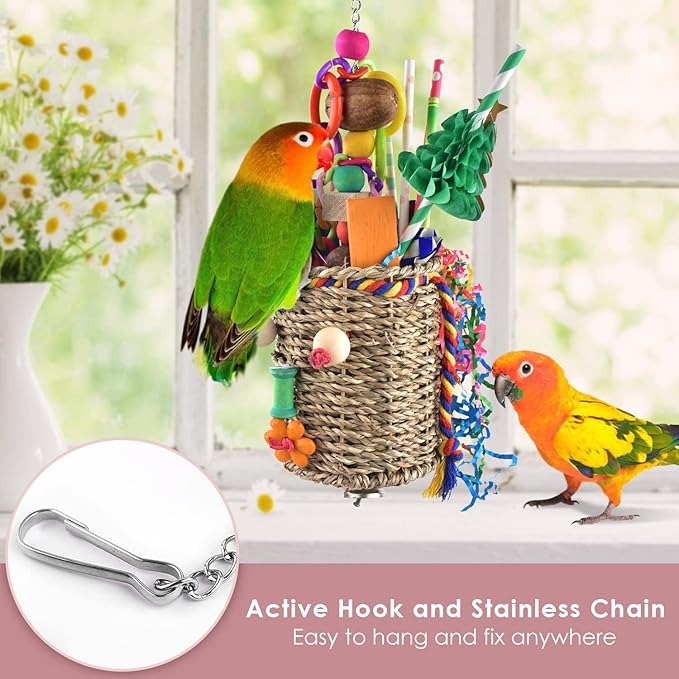 KATUMO Bird Toys, Parakeet Toys Bird Grass Basket Cockatiel Forgaging Toys Conure Shredding Toys for Small Bird Cage Toys Medium Parrot Toys