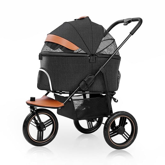 Dog Stroller for Medium Small Dogs, 3in1 Pet Stroller Zipperless Dog Cat Jogger Stroller 3 Wheels with Detachable Dog Carriage, Storage Basket and One-Button Folding Frame for Pets Walk-Black