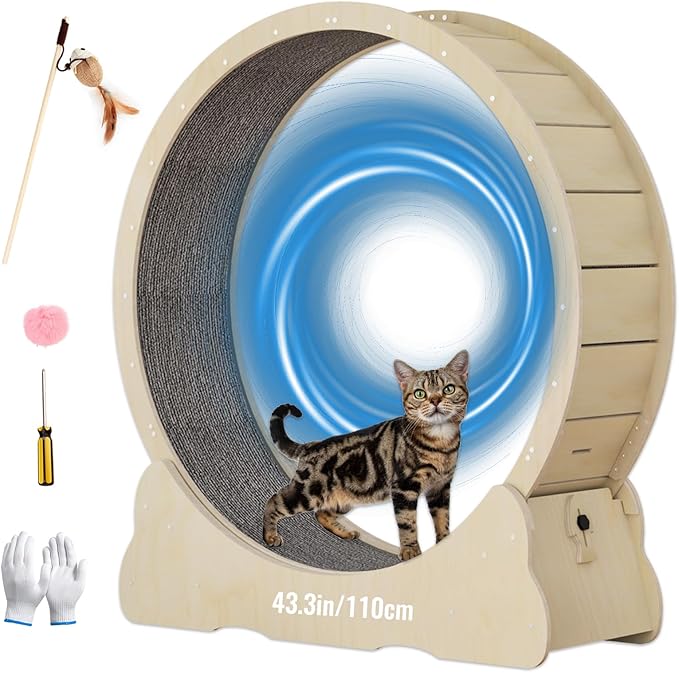 Cat Wheels for Indoor Cats. Extra Large Diameter Cat Treadmill. Made of Natural Solid Wood. Inside Diameter 40in/100cm. Including Installation Tools and Cat Teaser. (Wood)