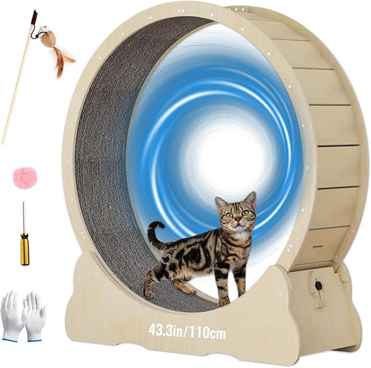 Cat Wheels for Indoor Cats. Extra Large Diameter Cat Treadmill. Made of Natural Solid Wood. Inside Diameter 40in/100cm. Including Installation Tools and Cat Teaser. (Wood)