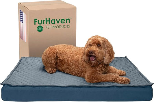 Furhaven Water-Resistant Cooling Gel Dog Bed for Large Dogs w/ Removable Quilt Top & Washable Cover, For Dogs Up to 95 lbs - Indoor/Outdoor Quilt Top Convertible Mattress - Calm Blue, Jumbo/XL