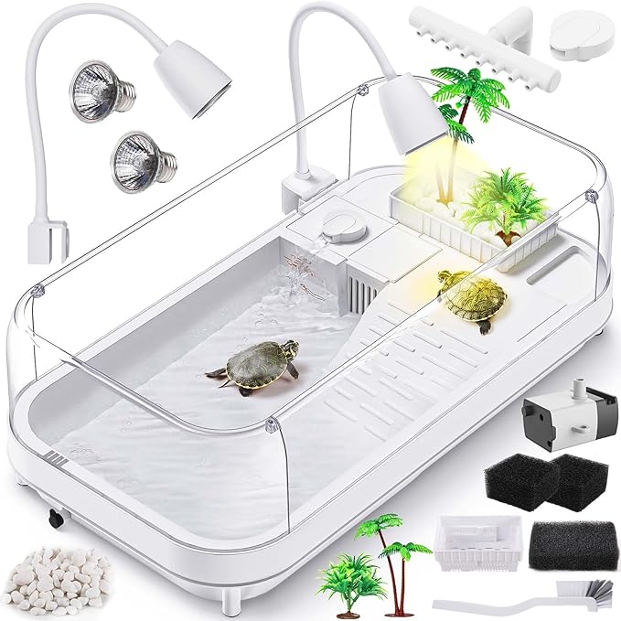 Upgrade Large Turtle Tank Kit(Tank+Light+Filter), Acrylic Turtle Tank Starter Kit with 2pcs Shower Heads, Bask Platform, Bottom Drain, Higher Fences, Multi-Function Area (L-Kit)