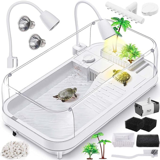 Upgrade Large Turtle Tank Kit(Tank+Light+Filter), Acrylic Turtle Tank Starter Kit with 2pcs Shower Heads, Bask Platform, Bottom Drain, Higher Fences, Multi-Function Area (L-Kit)