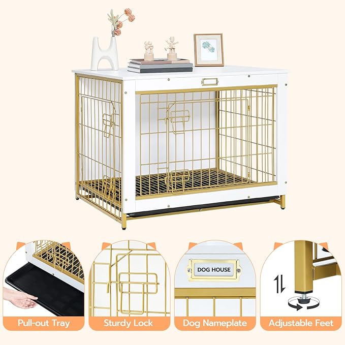 HOOBRO Dog Crate Furniture, Indoor Dog Kennel, Wooden Dog Furniture with Pull-Out Tray, Double Doors Dog House, Modern Side End Table for Medium/Large/Small Dog, 32.5" L, White DW802GW03