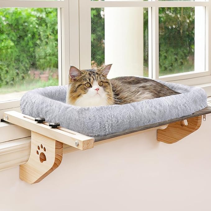 AMOSIJOY Cat Sill Window Perch Sturdy Cat Hammock Window Seat with Cushion Bed Cover, Wood & Metal Frame for Large Cats, Easy to Adjust Cat Bed for Windowsill, Bedside, Drawer and Cabinet(Cushion Bed)