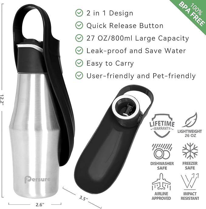 Dog Water Bottle, Portable Dog Water Bottle Dispenser - 27 OZ Stainless Steel Leak-Proof Water Bottle for Dogs On The Go, Perfect for Travel, Walking, Hiking and Outdoor Activities, Black