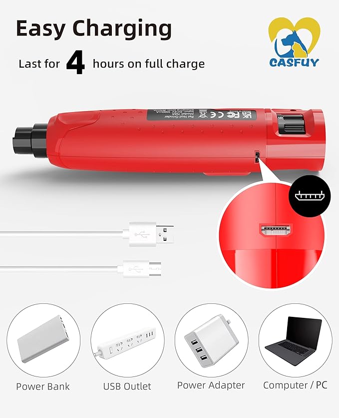 Casfuy Dog Nail Grinder Quiet - (45db) 6-Speed Pet Nail Grinder with 2 LED Lights for Large Medium Small Dogs/Cats, Professional 3 Ports Rechargeable Electric Dog Nail Trimmer with Dust Cap(Red)