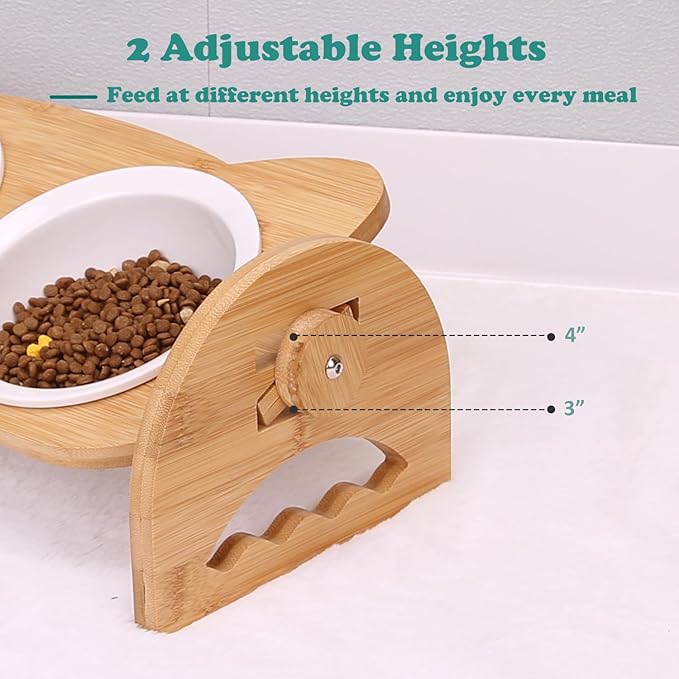 Raised Cat Food Bowls, 2 Elevated Ceramic Bowls 15° Tilted Orthopedic Feeding Dishes Solid Bamboo Pet Bowls Feeder Set for Cats and Puppy Feeding Station Kitty Bowl Set for Food and Water