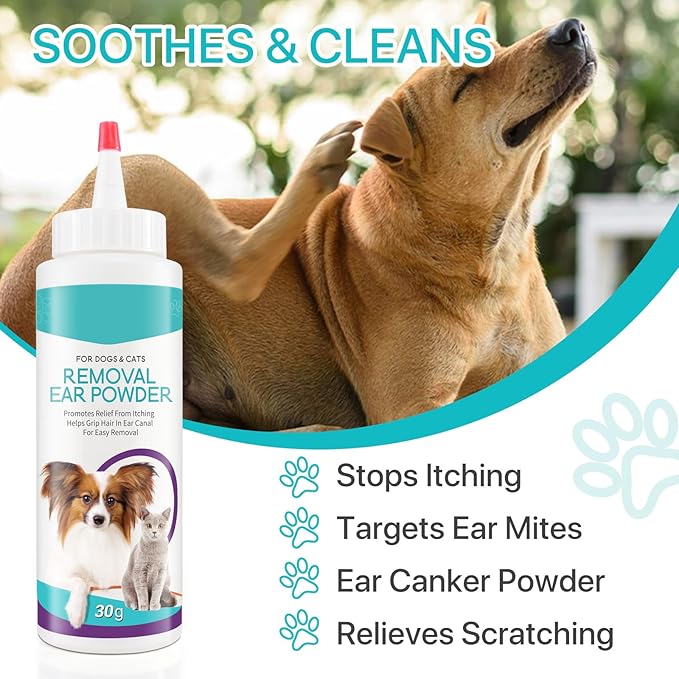 Dog Ear Cleaner, Ear Cleaning Powder for Dogs & Cats Ear Infection, Pet Ear Powder Supports Dog Ear Infection Relief, Soothes Itchy Ears & Relieve Scratching, Dog Ear Care Cleaning Powder - 30g