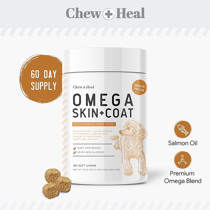 Salmon Oil for Dogs - 180 Soft Chew Omega Treats for Skin and Coat - Fish Oil Blend of Essential Fatty Acids, Omega 3 and 6, Vitamins, Antioxidants and Minerals - Made in USA