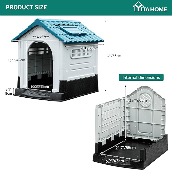 YITAHOME 26.8'' Folding Large Dog House Outdoor Plastic Doghouse with Adjustable Skylight and Elevated Base Water Resistant Pet House for Small Dogs (26.8''L*22.4''W*26''H)