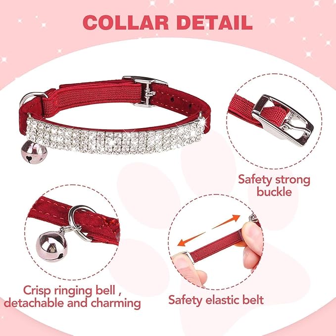 BINGPET Diamond Cat Collar,Adjustable Soft Velvet Leather Safe Kitten Collar with Shiny Rhinestones and Bells,Girl Boy Bling Stylish Cat Collars with Safety Elastic for Small Medium Cats,Red