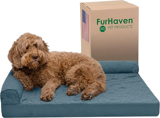 Furhaven Orthopedic Dog Bed for Large/Medium Dogs w/ Removable Bolsters & Washable Cover, For Dogs Up to 55 lbs - Pinsonic Quilted Paw L Shaped Chaise - Bluestone, Large