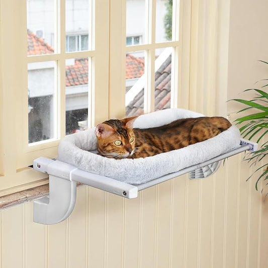 Window Sill Mount Cat Perch for Indoor Cats, One-Step Sliding Clamping Slot Adjustment Cat Hammock with Removable Two Fabrics Cover, No Suction Cups Cat Beds for Windowsill & Bedside(L-Pad Bed)