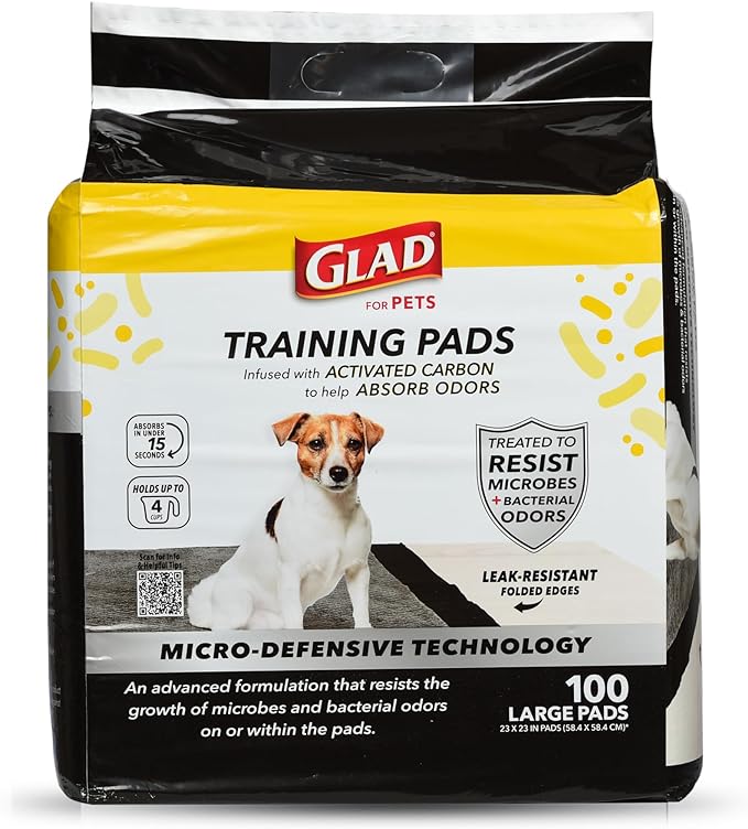 Glad for Pets Activated Carbon Puppy Training Pads with Anti-Microbial Technology, 23"x23" 100ct | Ultra Absorbent, Odor Control, Heavy Duty Puppy Potty Training Pads