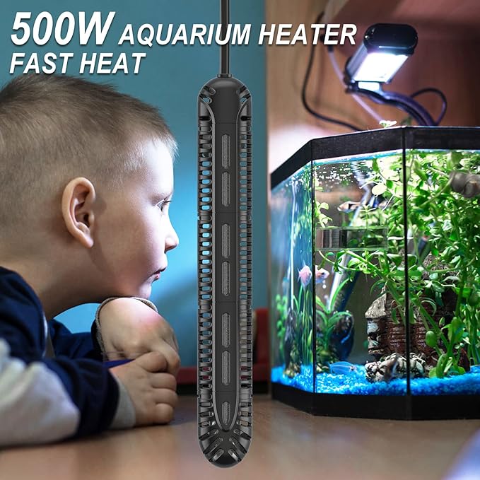 HiTauing Aquarium Heater, 500W Fish Tank Heater with LED Digital Display & 5 Safety Protection, Submersible Aquarium Heater with 2 Suction Cup and 8.2Ft Cord for 75-120 Gallon Fish Tank.