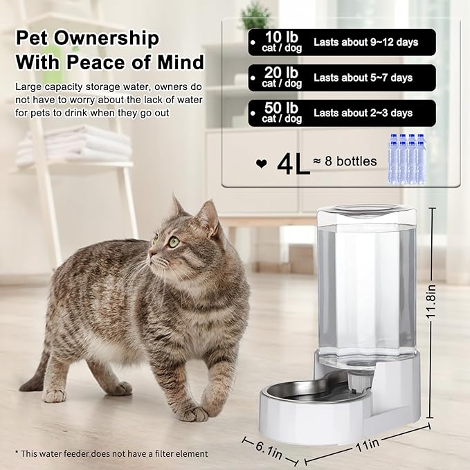 RIZZARI Automatic 4L Gravity Pet Water Dispenser with Stainless Steel Bowls, 100% BPA-Free,Safe and Large Capacity, Suitable for Small and Medium-Sized Cats and Dogs (4L Without Filter)