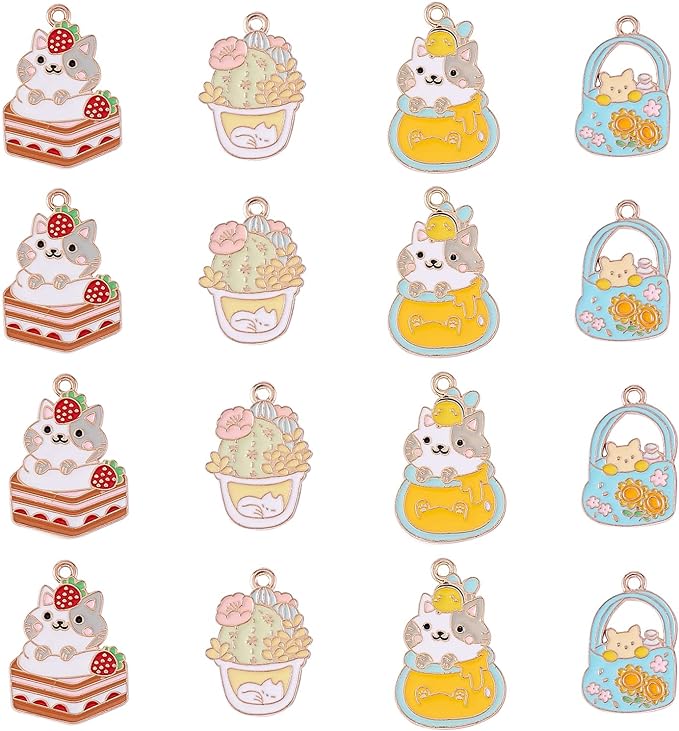 KitBeads 20pcs Mixed Styles Cat Charms Cute Enamel Cake Charms Alloy Animal Cartoon Cat Tropical Cactus Charms for Jewelry Making Bracelets Necklace