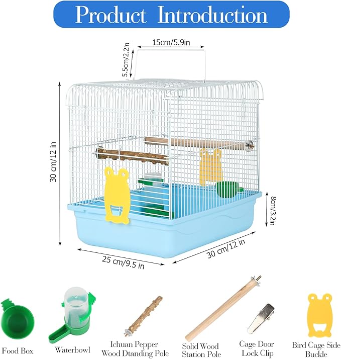 Travel Bird Cages for Cockatiels - Parrot Cage Starter Kit with Stand Accessories Birdcage Great for Parakeets Lovebirds Parrotlets Finches Canaries and More Small Birds(Blue)