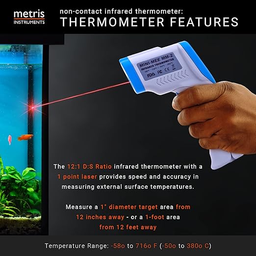 Metris Digital Non Contact Infrared Laser Thermometer Temp Gun for Aquarium Fish Tank, Reptile, Snake, Bearded Dragon, Terrarium Accessories, Handheld, Mini-Mee MMM-2