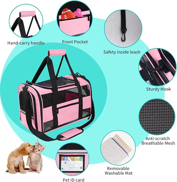 Large Cat Carrier Dog Carrier Pet Carrier for Medium Small Dogs, Collapsible Soft Sided Pet Carrier for Cats Dogs Puppy of 25 Lbs, Pink