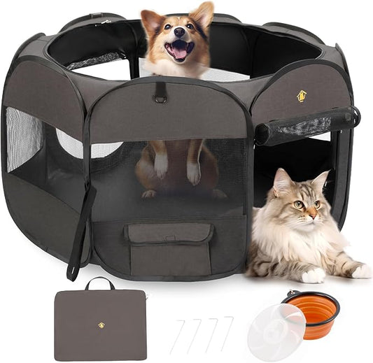 Pet Puppy Dog Playpen, Kitten Playpen Indoor/Outdoor, Portable Dog Play Pen Tent Crates Cage for Small Dog and Cat, Foldable Pop Up Dog Kennel Playpen with Waterproof Bottom & Top Cover, Brown