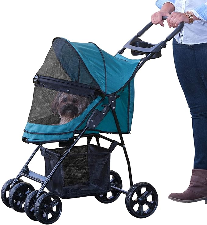 Pet Gear No-Zip Happy Trails Lite Pet Stroller for Cats/Dogs, Zipperless Entry, Easy Fold with Removable Liner, Safety Tether, Storage Basket + Cup Holder, 4 Colors