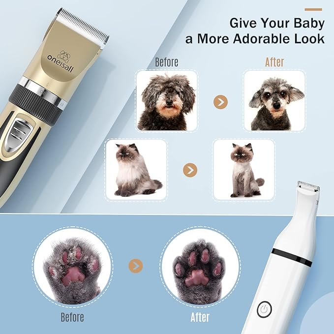 oneisall Dog Clippers and Dog Paw Trimmer Kit 2 in 1 Low Noise Cordless Dog Clippers for Grooming Pet Hair Trimmers for Small and Large Dogs Cats Animals