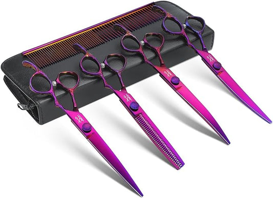 JASON Dog Grooming Scissors Set - Professional 6 in 1 Dog Shears Kit - 6.5" Thinning, 7" Straight, 7" Up-Curved, 7" Down-curved Scissors and Comb for Dog Cat Pet with Adjustable Screw (Purple)