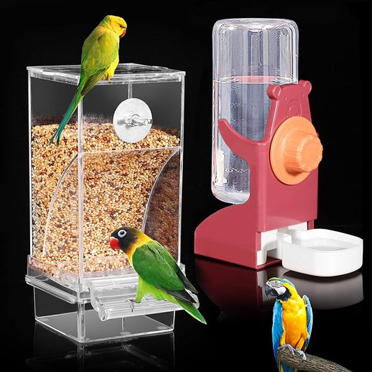 Bird Water Dispenser, Automatic Bird Feeder for Cage,No Mess Bird Feeder, Parakeet Seed Container Food Feeder Drinker for Cage, Parrot Feeder Cage Accessories，Cockatiel Canary Lovebirds Budgies (Red)