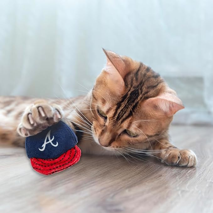 BEST PLUSH CAT TOY - MLB ATLANTA BRAVES Complete Set of 3 piece Cat Toys filed with Fresh Catnip. Incld: 1 Baseball Cap Cat Toy, 1 Baseball Cat Toy with Feathers, & 1 Beer Bottle. Beautiful Team LOGOS