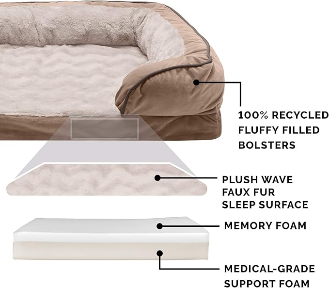 Furhaven Memory Foam Dog Bed for Large/Medium Dogs w/ Removable Bolsters & Washable Cover, For Dogs Up to 55 lbs - Plush & Velvet Waves Perfect Comfort Sofa - Brownstone, Large