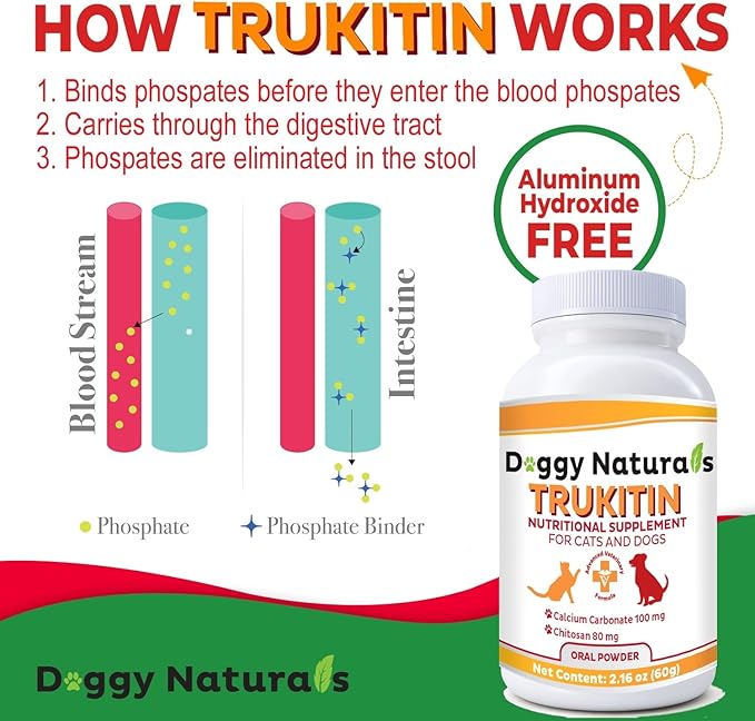 Trukitin Chitosin Based Phosphate Binder for Cats & Dogs – All Natural Human Grade Ingredients for Renal Support Supplement with Calcium Carbonate Oral Powder (Made in U.S.A)