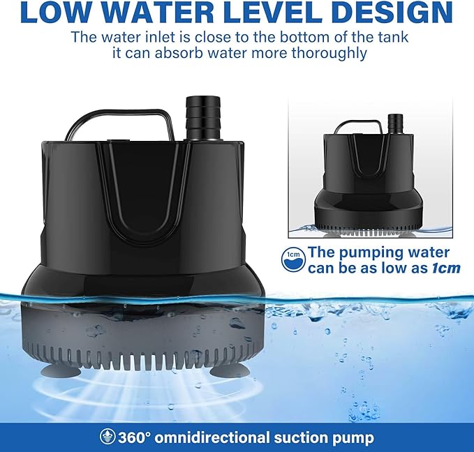 Simple Deluxe 800GPH Bottom Suction Submersible Water Pump 3000L/H 60W, 3 Nozzles with 9.8ft High Lift for Fish Tank, Pond, Aquarium, Hydroponics, Fountains