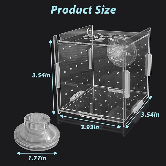 PINVNBY Acrylic Fish Breeding Box，Guppy breeding Box Acrylic Fish Isolation Box Aquarium Incubator with Suction Cups for Guppy Shrimp Small Baby Fishes（3.9 * 3.9 * 3.9 in）