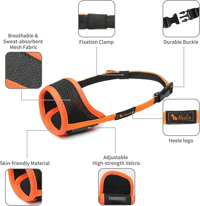 HEELE Dog Muzzle,Soft Nylon Muzzle Anti Biting Barking Chewing,Air Mesh Breathable Drinkable Adjustable Loop Pets Muzzle for Small Medium Large Dogs 4 Colors 4 Sizes(XS)