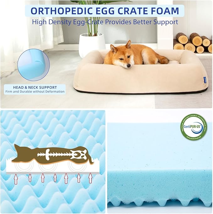 Orthopedic Dog Bed for Large Dogs Waterproof Pet Bed Soft Sofa with Two Fabrics Washable Removable Cover Egg Foam Support Anti-Slip Bottom Extra Head and Neck Support Sleeper,L Beige