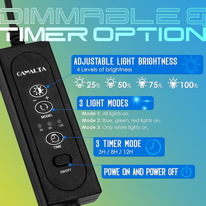 Aquarium Light,Full Spectrum Aquarium Light with Expandable Bracket,White Blue Red Green LEDs, Adjustable Timer and Brightness for 46~52IN Fish Tank