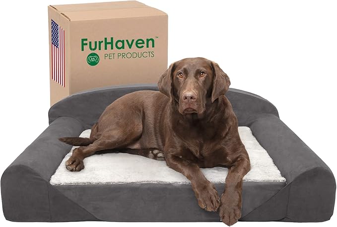 Furhaven Orthopedic Dog Bed for Large/Medium Dogs w/ Removable Washable Cover & Reversible Foam Cushion, For Dogs Up to 75 lbs - Luxury Edition Faux Fur & Suede Sofa - Stone Gray, Large