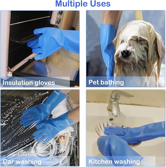 Pet Grooming Gloves, Yintoper Dog Washing Gloves with High-Density Teeth, Heat Resistant Silicone Cat Hair Remover with Enhanced Five Finger Design, Bathing and Massaging for Dogs and Cats Blue