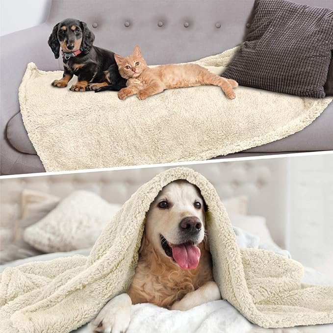 PetAmi Fluffy Waterproof Dog Blanket for Small Medium Dogs, Soft Warm Pet Sherpa Throw Pee Proof Couch Cover, Reversible Cat Puppy Bed Blanket Sofa Protector, Plush Washable Pad (Beige Cream, 24x32)