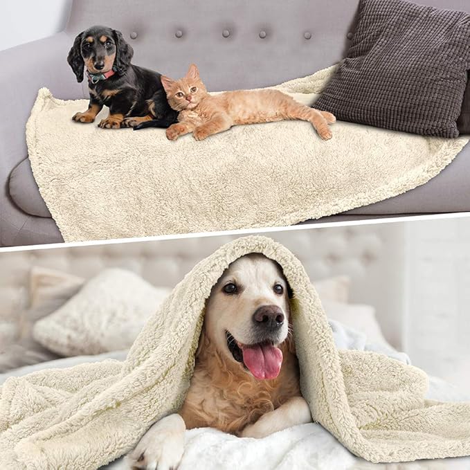 PetAmi Fluffy Waterproof Dog Blanket for Small Medium Dogs, Soft Warm Pet Sherpa Throw Pee Proof Couch Cover, Reversible Cat Puppy Bed Blanket Sofa Protector, Plush Washable Pad (Beige Cream, 29x40)