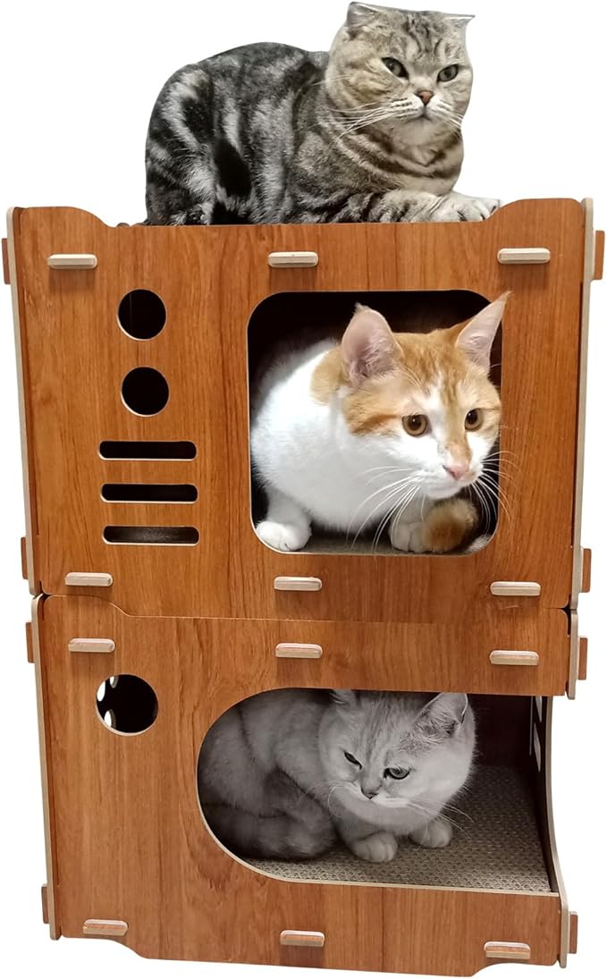TV Wooden Cat Scratcher House Cardboard with 2 PCS Cat Scratch Pads 2 Story Cute Cat House with Scratcher Cat Scratchers Lounge Bed for Indoor Cats Play Cat Box cat Scratching House